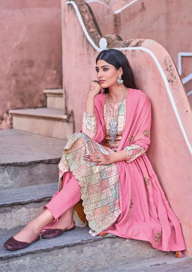 Printed Winter Pink Unstitched Pashmina Salwar Suit