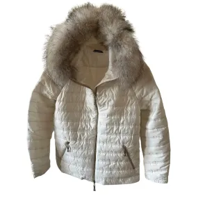 Puffer Cream Quilted Women's Mid-Season Jacket with Hood and Detachable Fox Fur Trim