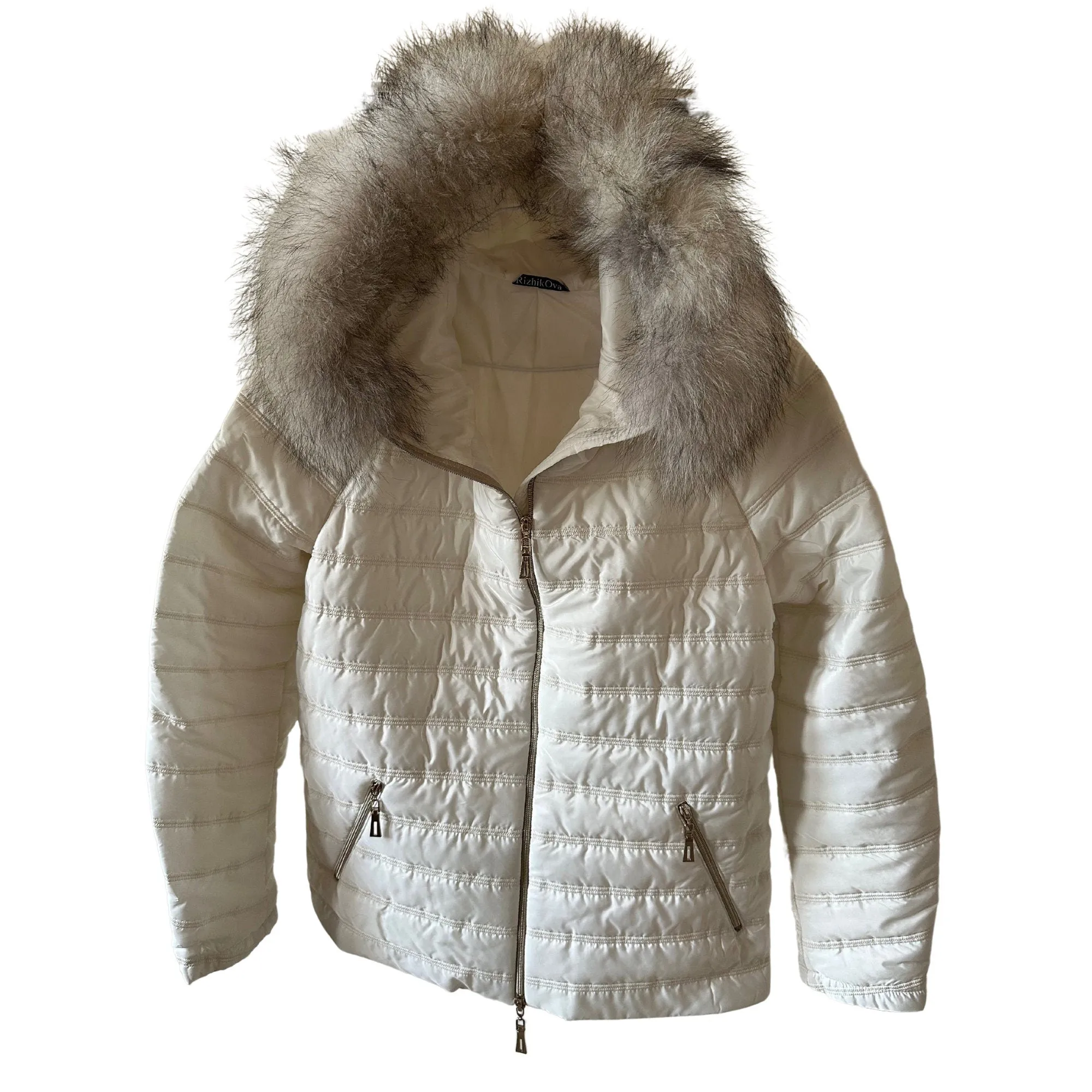 Puffer Cream Quilted Women's Mid-Season Jacket with Hood and Detachable Fox Fur Trim