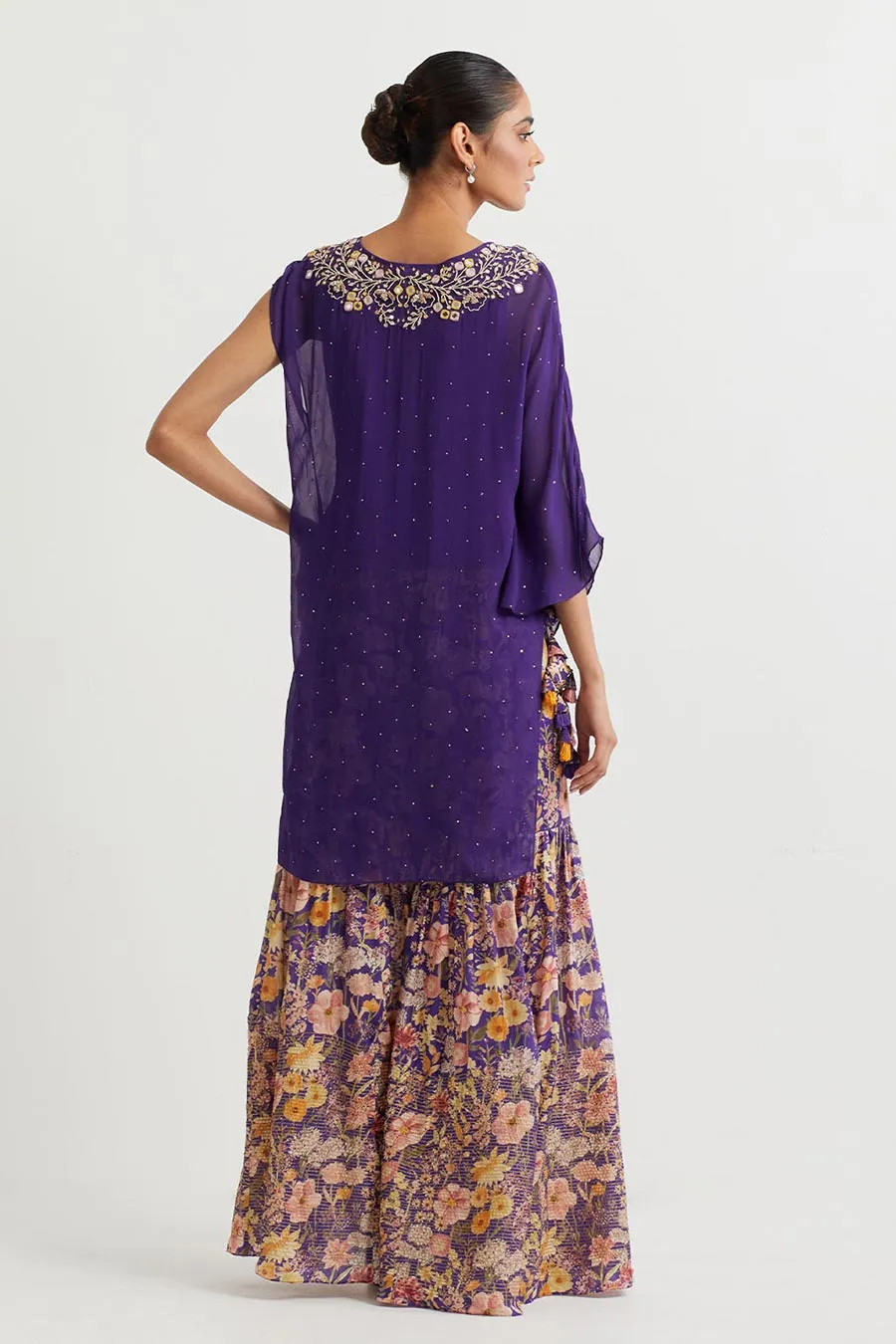 Purple Embroidered Top & Printed Sharara Set