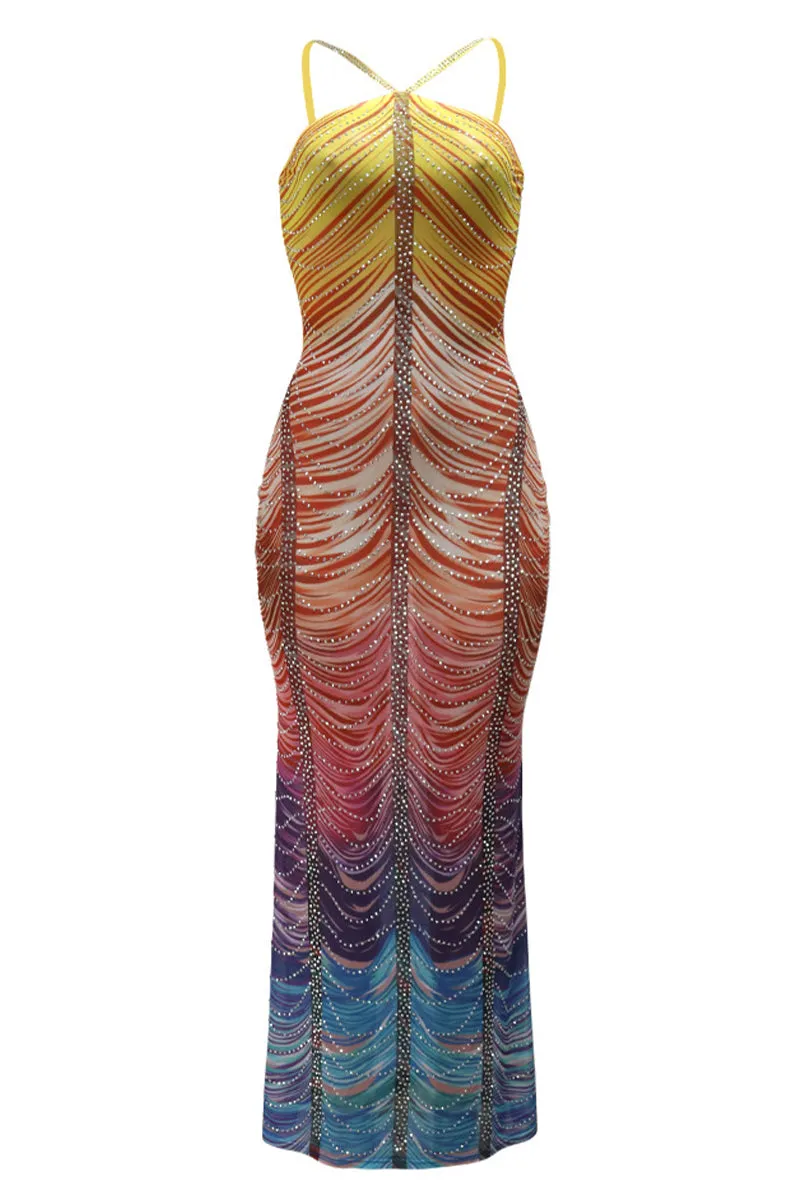 Rainbow Sleeveless Rhinestone Bodycon Maxi Dress
