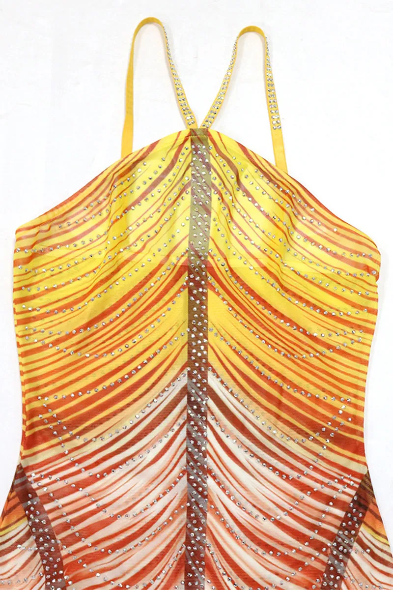 Rainbow Sleeveless Rhinestone Bodycon Maxi Dress