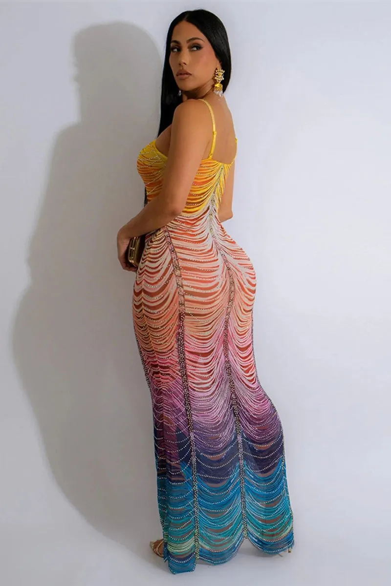 Rainbow Sleeveless Rhinestone Bodycon Maxi Dress