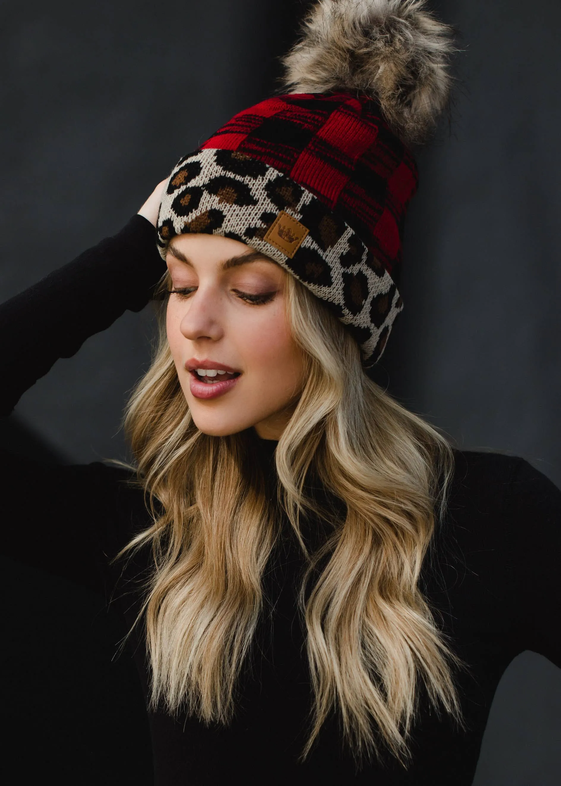 Red Buffalo Plaid Pom Hat w/ Leopard Trim