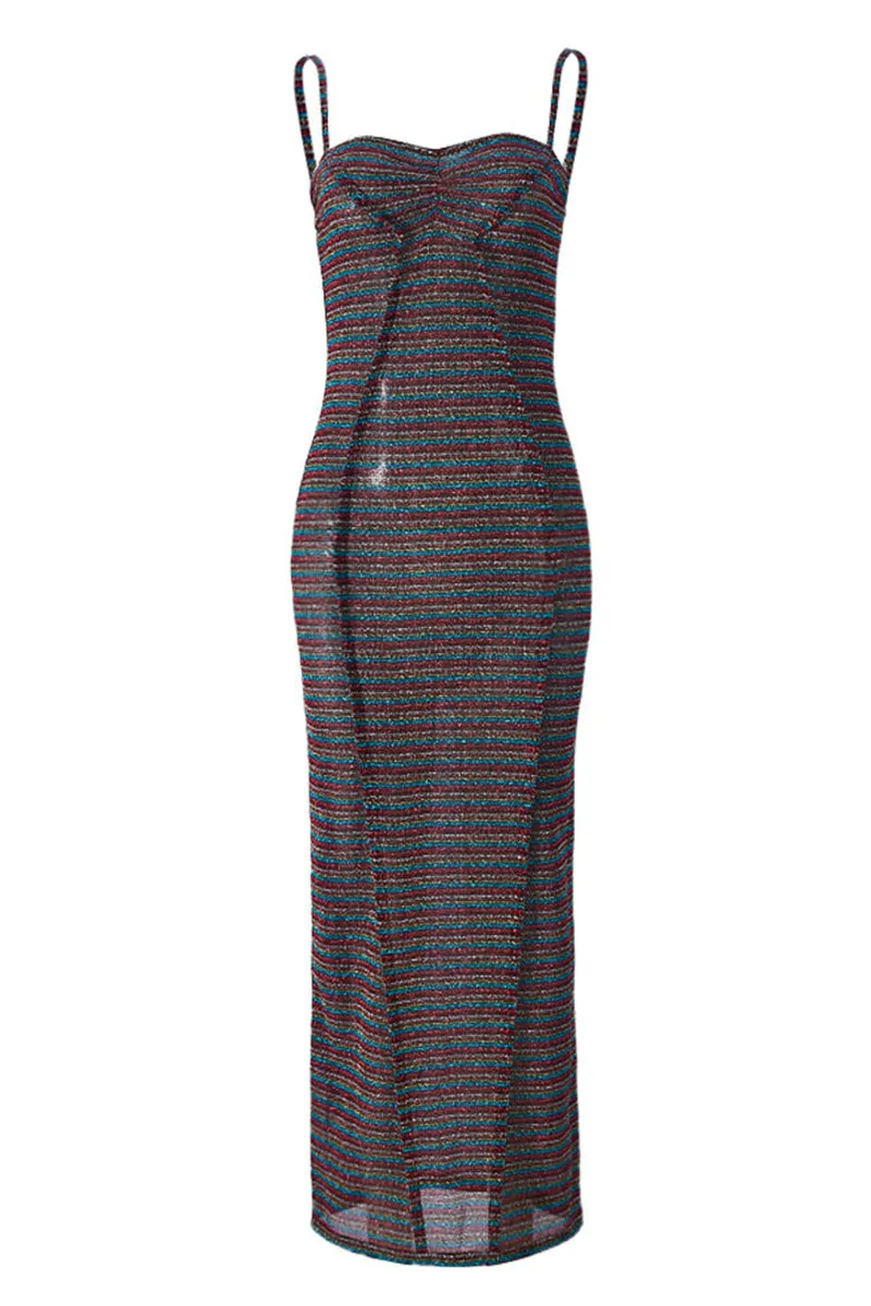 Shiny Multicolor Striped Maxi Bodycon Dress