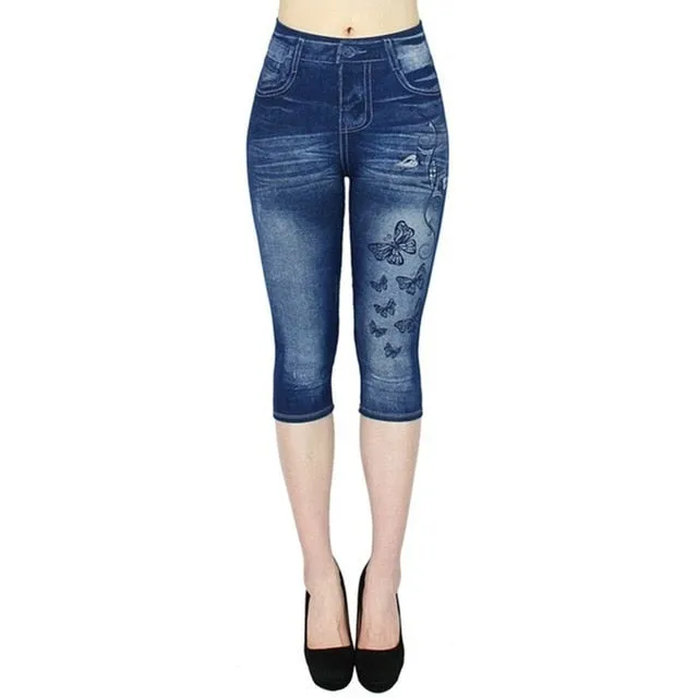 Short Leggings Pants Women High Waist Summer Sport Leggings Ladies Casual Gym Faux Jeans Push Up Workout Legging Trousers Woman