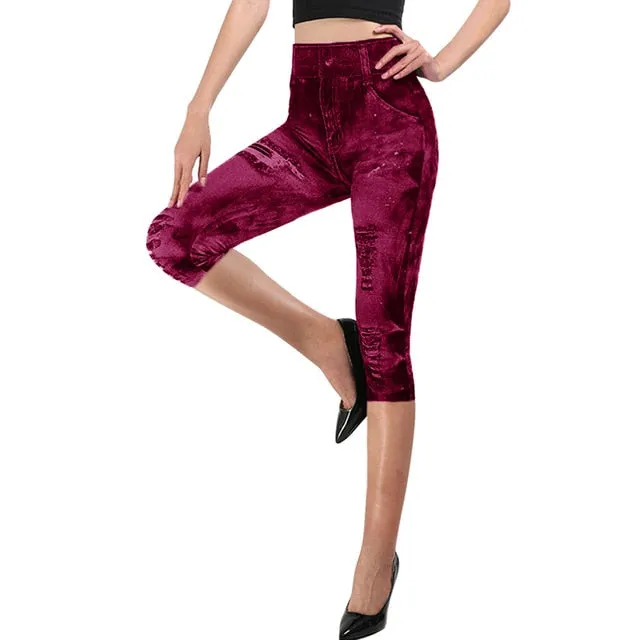 Short Leggings Pants Women High Waist Summer Sport Leggings Ladies Casual Gym Faux Jeans Push Up Workout Legging Trousers Woman