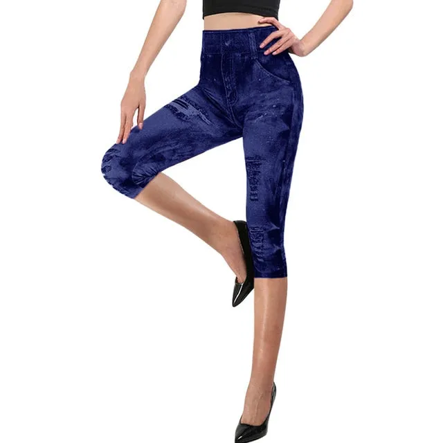 Short Leggings Pants Women High Waist Summer Sport Leggings Ladies Casual Gym Faux Jeans Push Up Workout Legging Trousers Woman