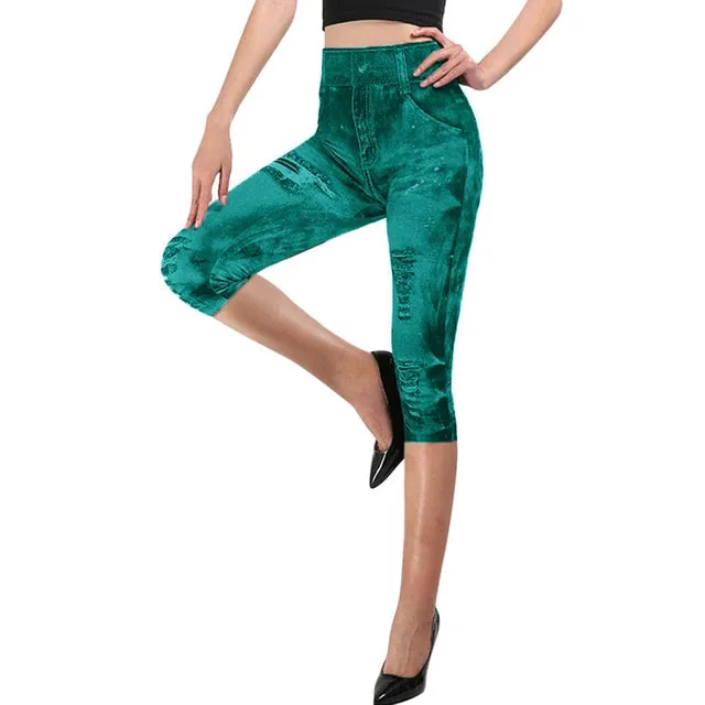 Short Leggings Pants Women High Waist Summer Sport Leggings Ladies Casual Gym Faux Jeans Push Up Workout Legging Trousers Woman