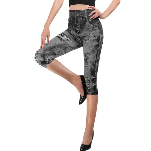 Short Leggings Pants Women High Waist Summer Sport Leggings Ladies Casual Gym Faux Jeans Push Up Workout Legging Trousers Woman