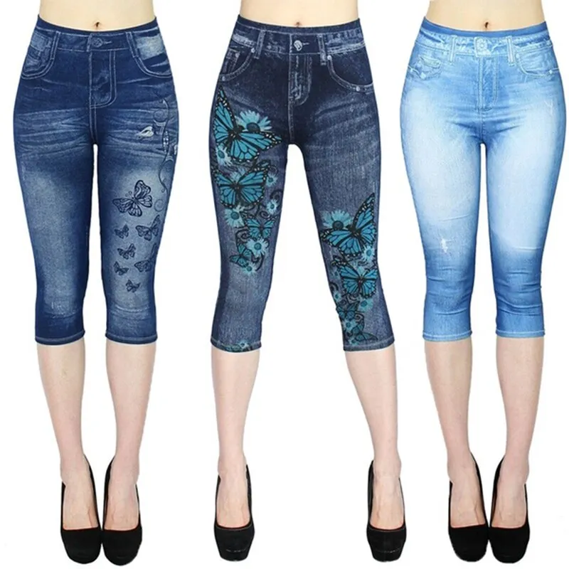 Short Leggings Pants Women High Waist Summer Sport Leggings Ladies Casual Gym Faux Jeans Push Up Workout Legging Trousers Woman