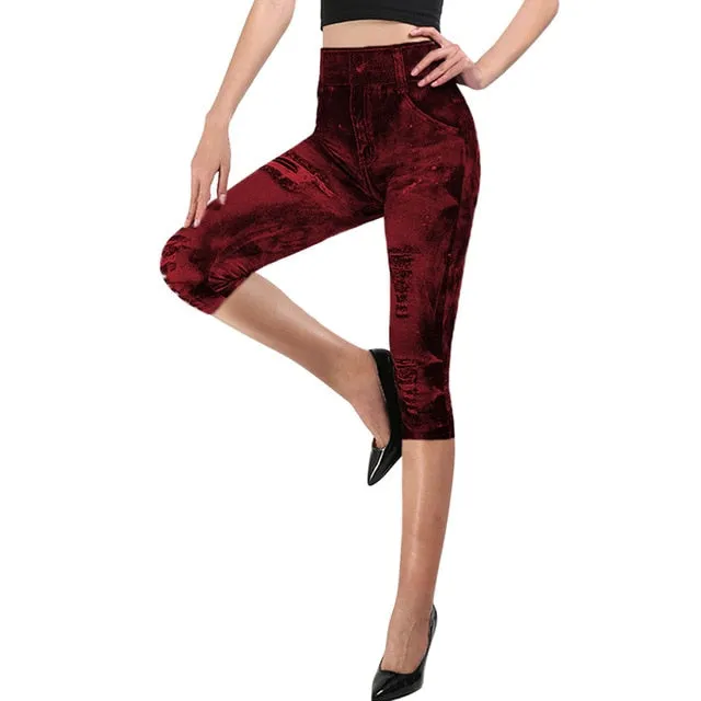 Short Leggings Pants Women High Waist Summer Sport Leggings Ladies Casual Gym Faux Jeans Push Up Workout Legging Trousers Woman