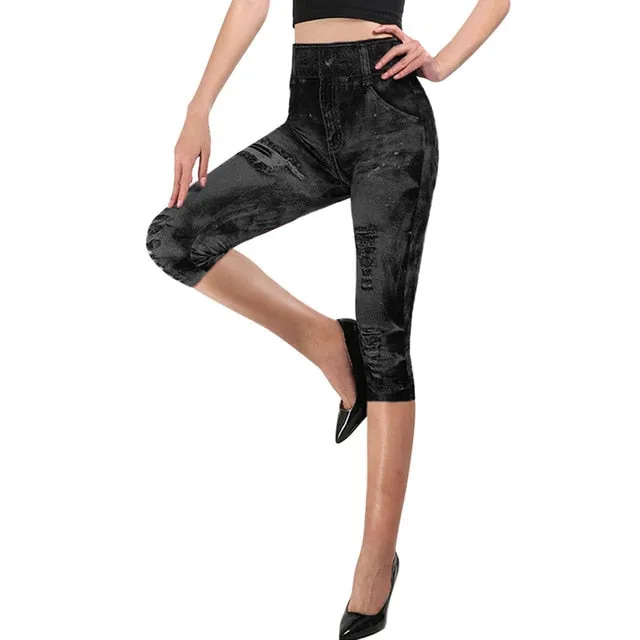 Short Leggings Pants Women High Waist Summer Sport Leggings Ladies Casual Gym Faux Jeans Push Up Workout Legging Trousers Woman