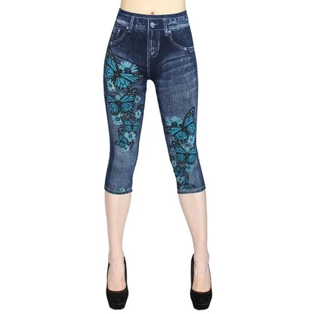 Short Leggings Pants Women High Waist Summer Sport Leggings Ladies Casual Gym Faux Jeans Push Up Workout Legging Trousers Woman
