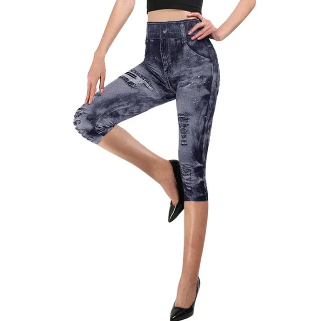 Short Leggings Pants Women High Waist Summer Sport Leggings Ladies Casual Gym Faux Jeans Push Up Workout Legging Trousers Woman