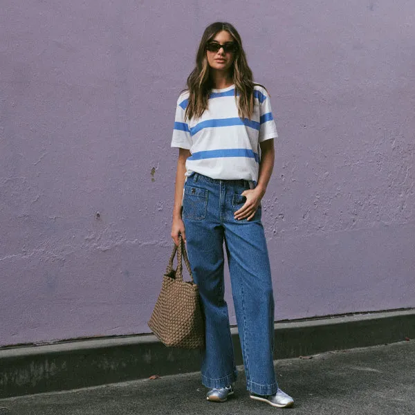 Slouchy Split Hem Tee - Vanilla   Pool Blue Bold Stripe
