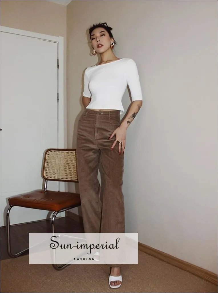 Women Grey High Waist Wide Leg Cord Trousers Corduroy Pants