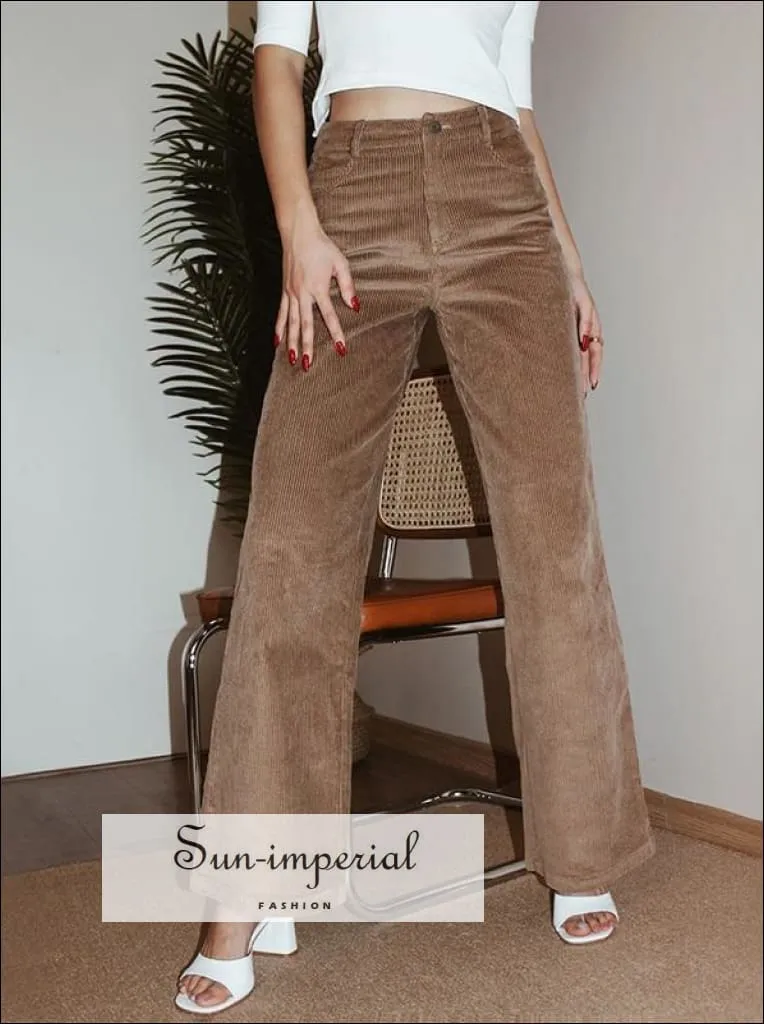 Women Grey High Waist Wide Leg Cord Trousers Corduroy Pants
