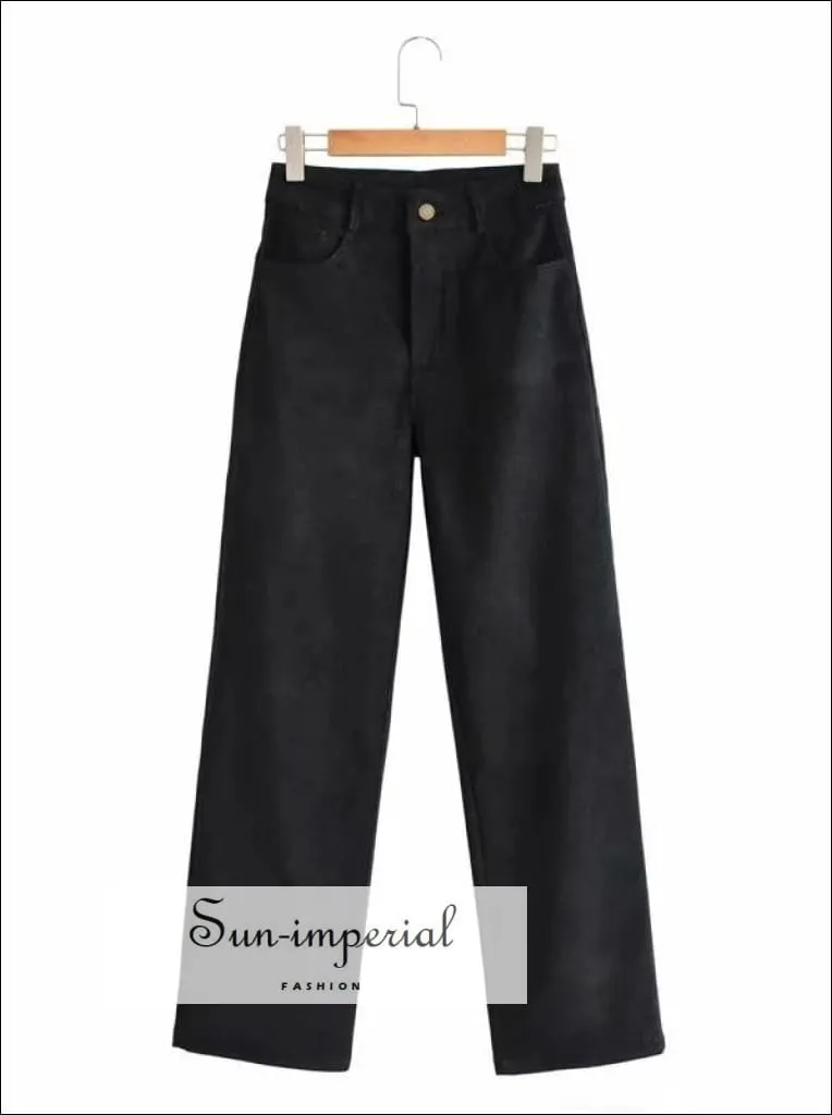 Women Grey High Waist Wide Leg Cord Trousers Corduroy Pants