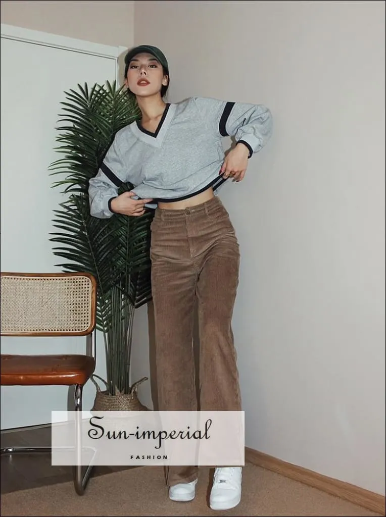 Women Grey High Waist Wide Leg Cord Trousers Corduroy Pants