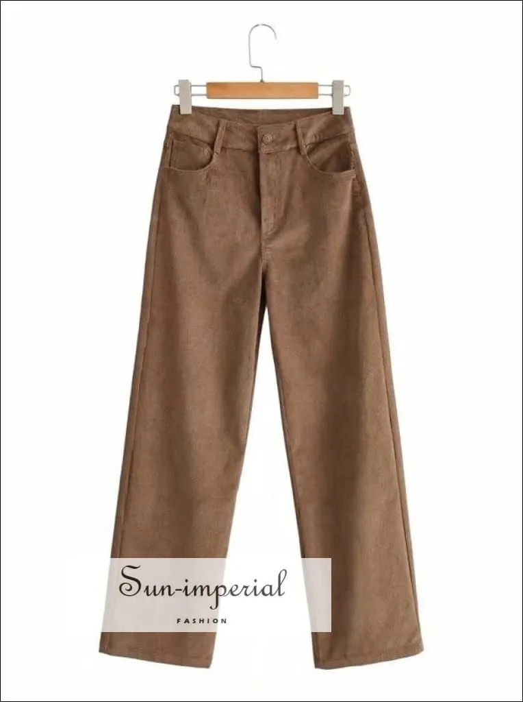 Women Grey High Waist Wide Leg Cord Trousers Corduroy Pants