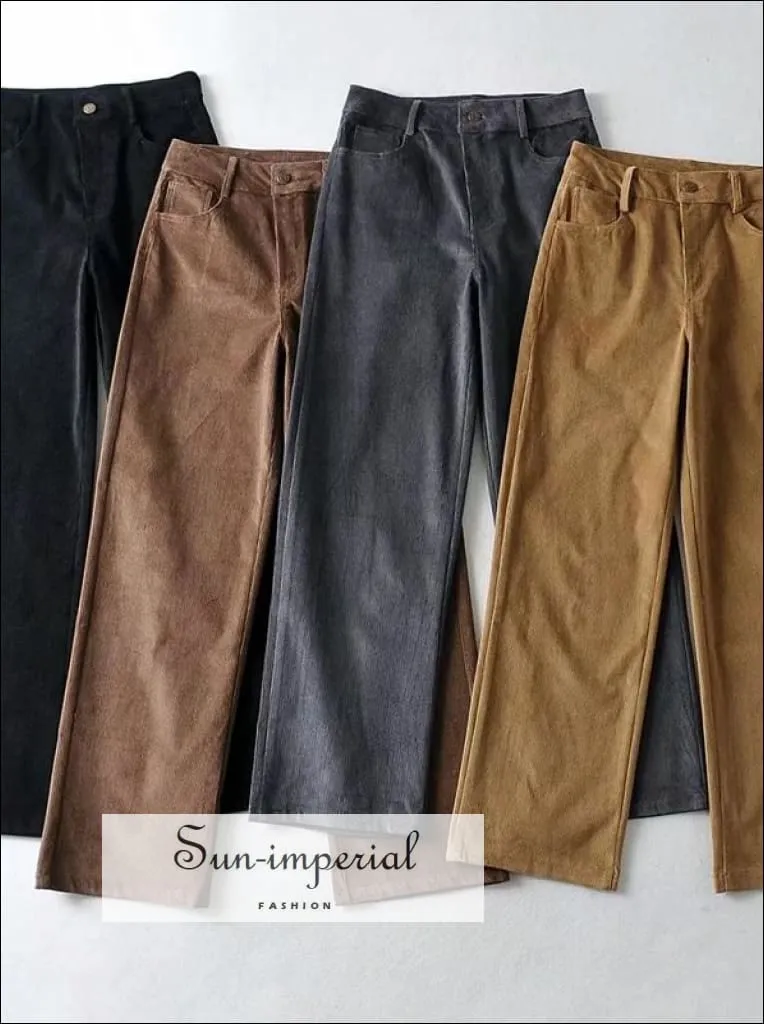 Women Grey High Waist Wide Leg Cord Trousers Corduroy Pants