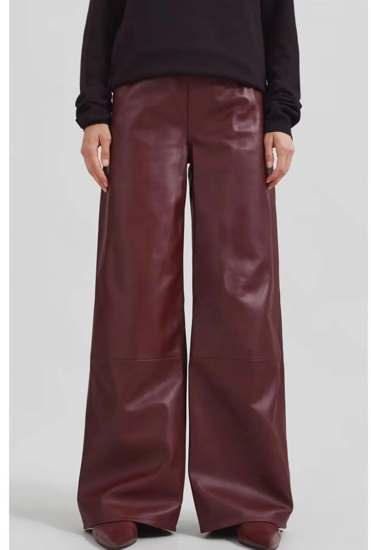 Women High Waist Wide Leg Faux Leather Pants