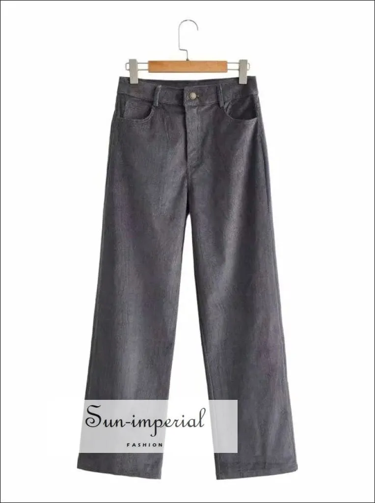 Women Khaki High Waist Wide Leg Cord Trousers Corduroy Pants