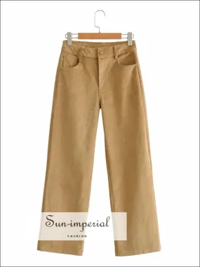 Women Khaki High Waist Wide Leg Cord Trousers Corduroy Pants