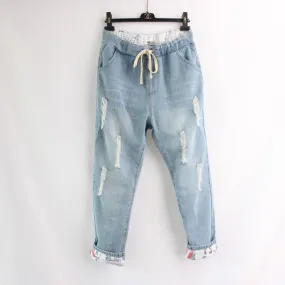 Women Stitching Soft Denim Big Jeans Loose Casual Hole Brand Pants Long For Women